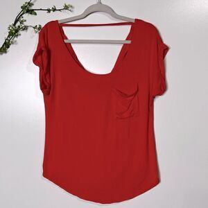 Arden B Coral Red Muscle Tee Shirt Front Pocket NWT!